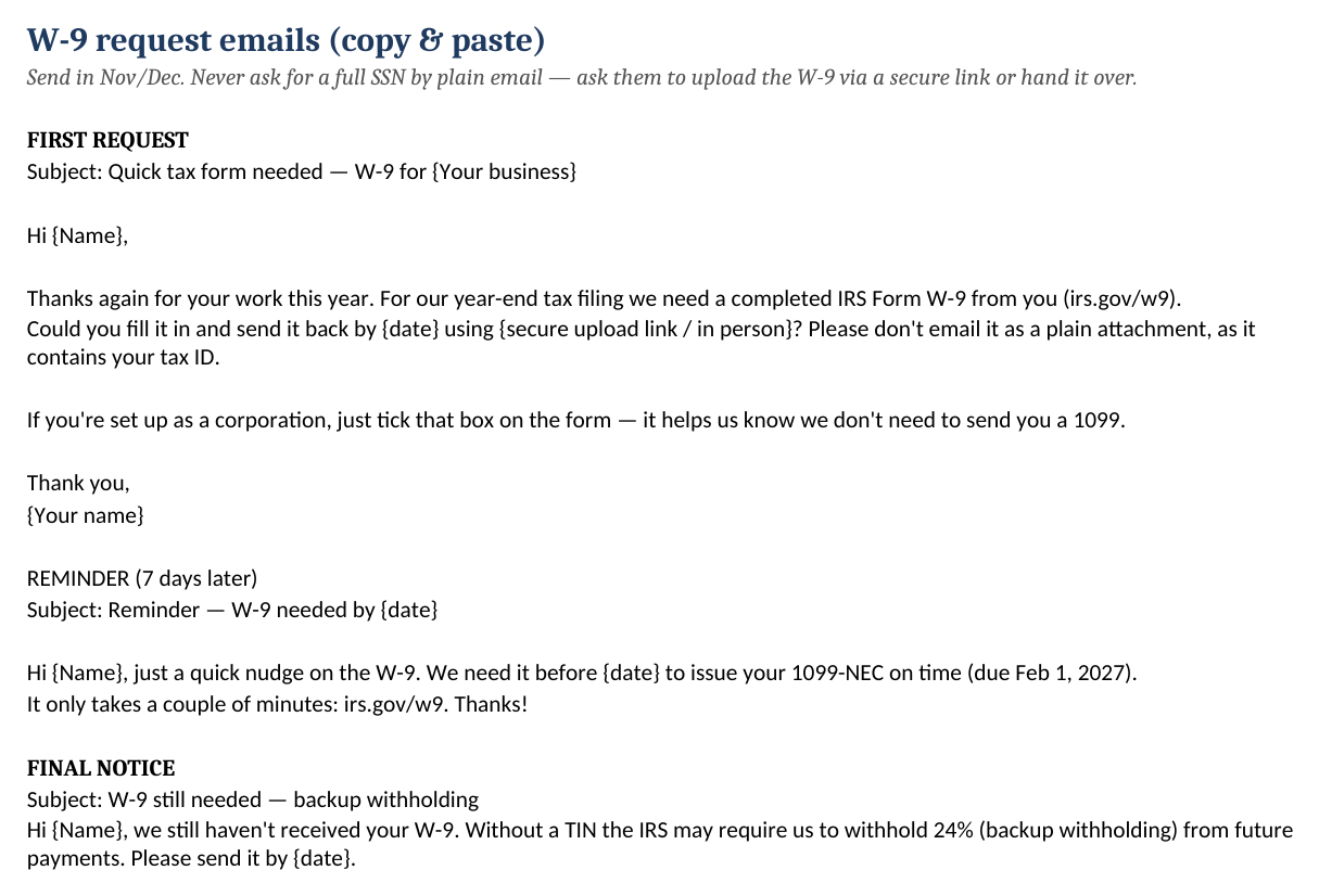 Copy-paste W-9 request emails