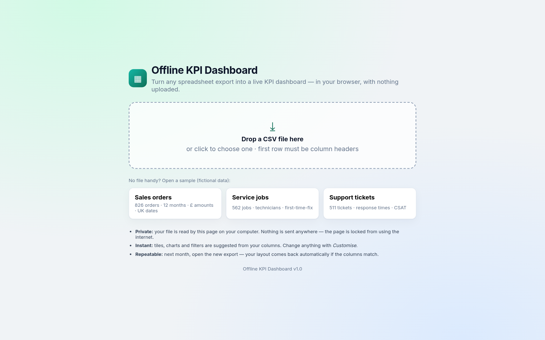 Welcome screen: drop a CSV, privacy promise
