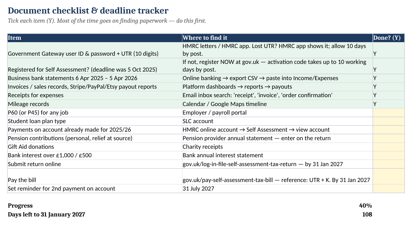 Document checklist and deadline countdown